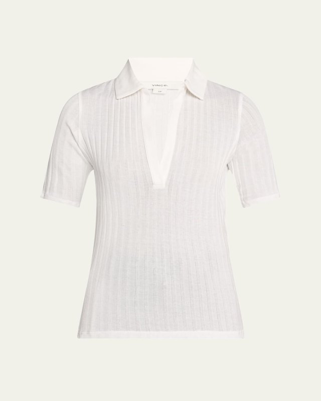 Elbow-Sleeve Silk Rib Polo Shirt